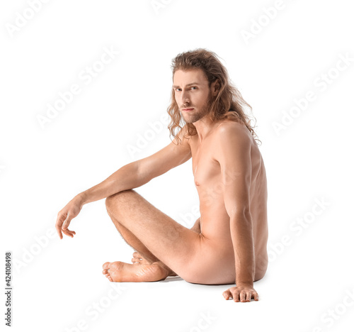 Naked young man on white background