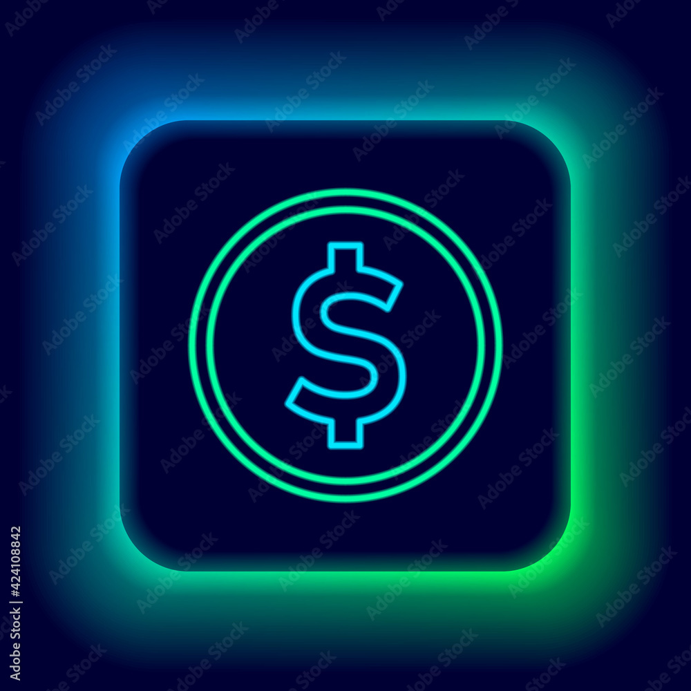 Glowing neon line Coin money with dollar symbol icon isolated on black background. Banking currency sign. Cash symbol. Colorful outline concept. Vector Glowing neon line Coin money with dollar symbol icon isolated on black background. Banking currency sign. Cash symbol. Colorful outline concept. Vector