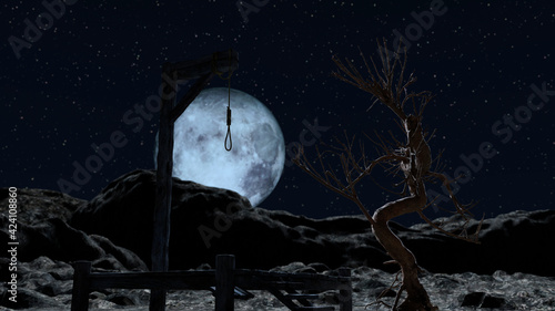 Gallow at a spooky night with blue full moon