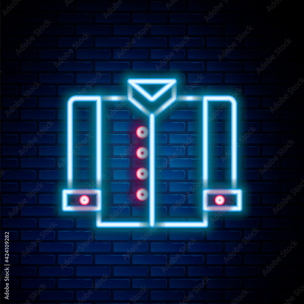 Glowing neon line T-shirt icon isolated on brick wall background. Colorful outline concept. Vector Glowing neon line T-shirt icon isolated on brick wall background. Colorful outline concept. Vector