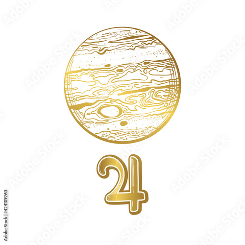 Planet Jupiter, golden linear hand drawing. Vintage boho symbol for astrology, zodiac signs, divination, natal chart. Astrological vector illustration.