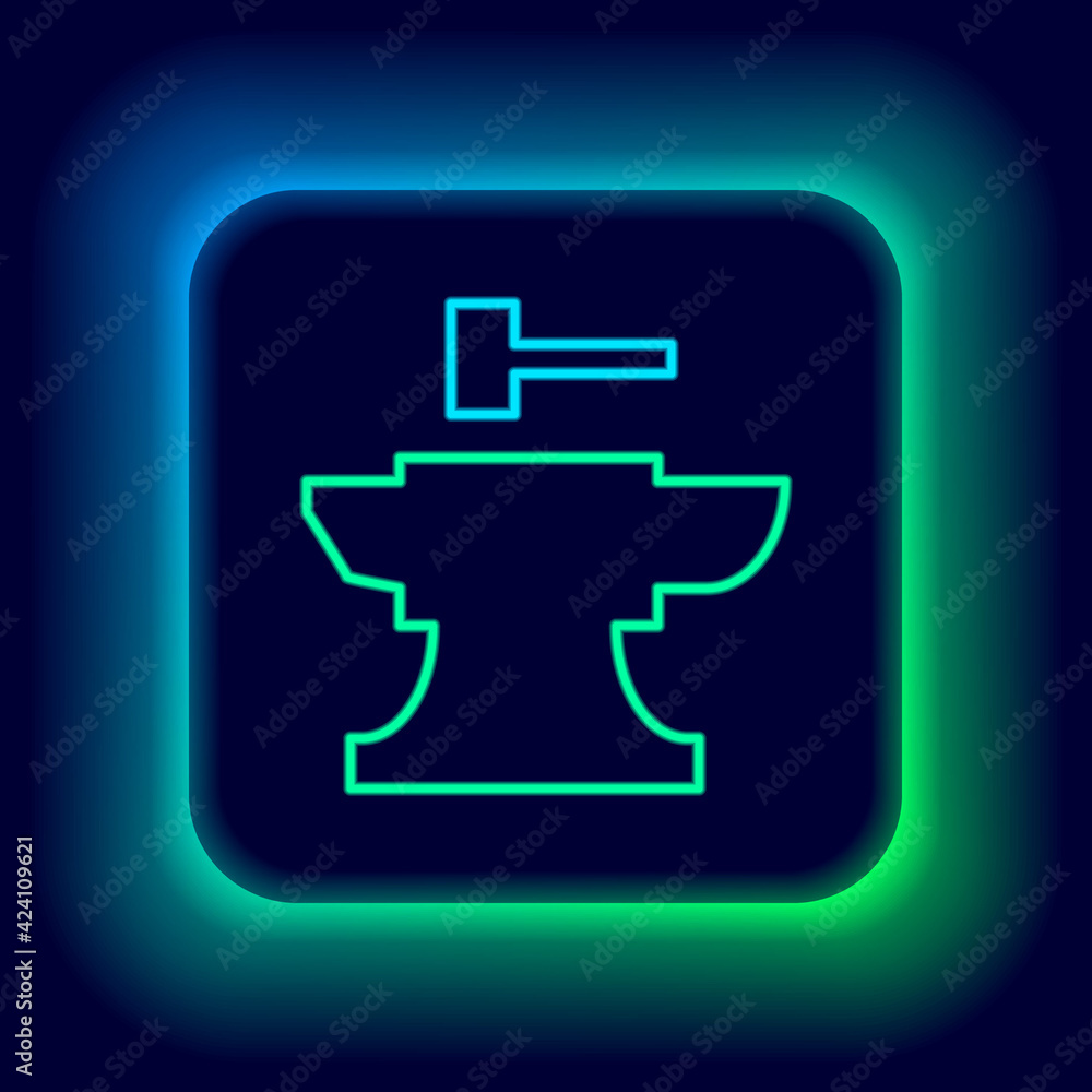 Glowing neon line Anvil for blacksmithing and hammer icon isolated on black background. Metal forging. Forge tool. Colorful outline concept. Vector Glowing neon line Anvil for blacksmithing and hammer icon isolated on black background. Metal forging. Forge tool. Colorful outline concept. Vector