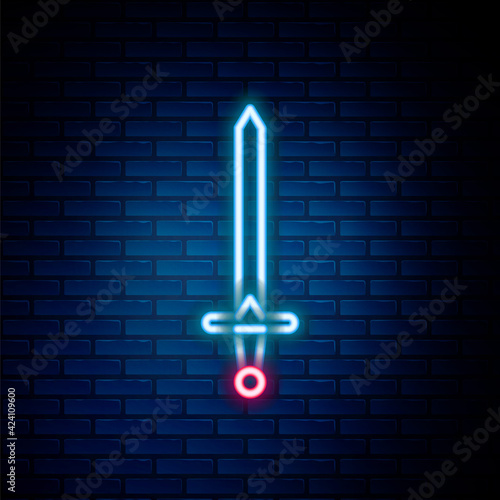 Glowing neon line Medieval sword icon isolated on brick wall background. Medieval weapon. Colorful outline concept. Vector