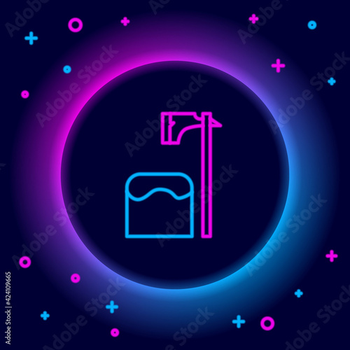 Glowing neon line Executioner axe in tree block icon isolated on black background. Hangman, torturer, executor, tormentor, butcher, headsman. Colorful outline concept. Vector
