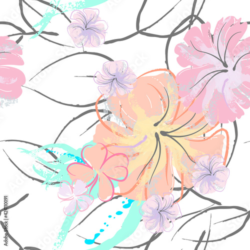 Pink Flowers Blooming Pattern. Pastel Watercolor.