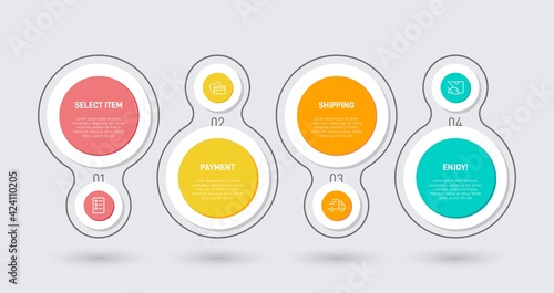 Concept of shopping process with 4 successive steps. Four colorful graphic elements. Timeline design for brochure, presentation, web site. Infographic design layout.