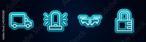 Set line Delivery cargo truck, Flasher siren, Drone flying and Safe combination lock. Glowing neon icon. Vector