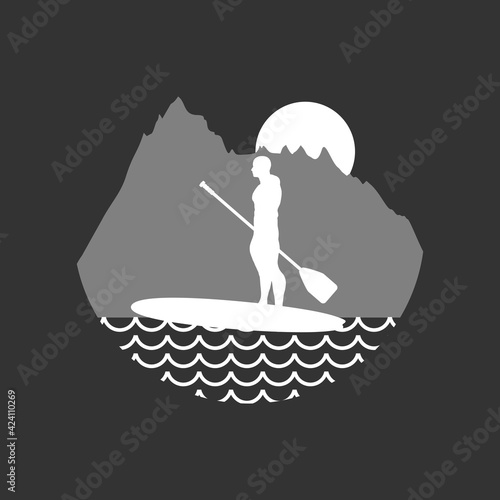 Illustration of man posing with surf board