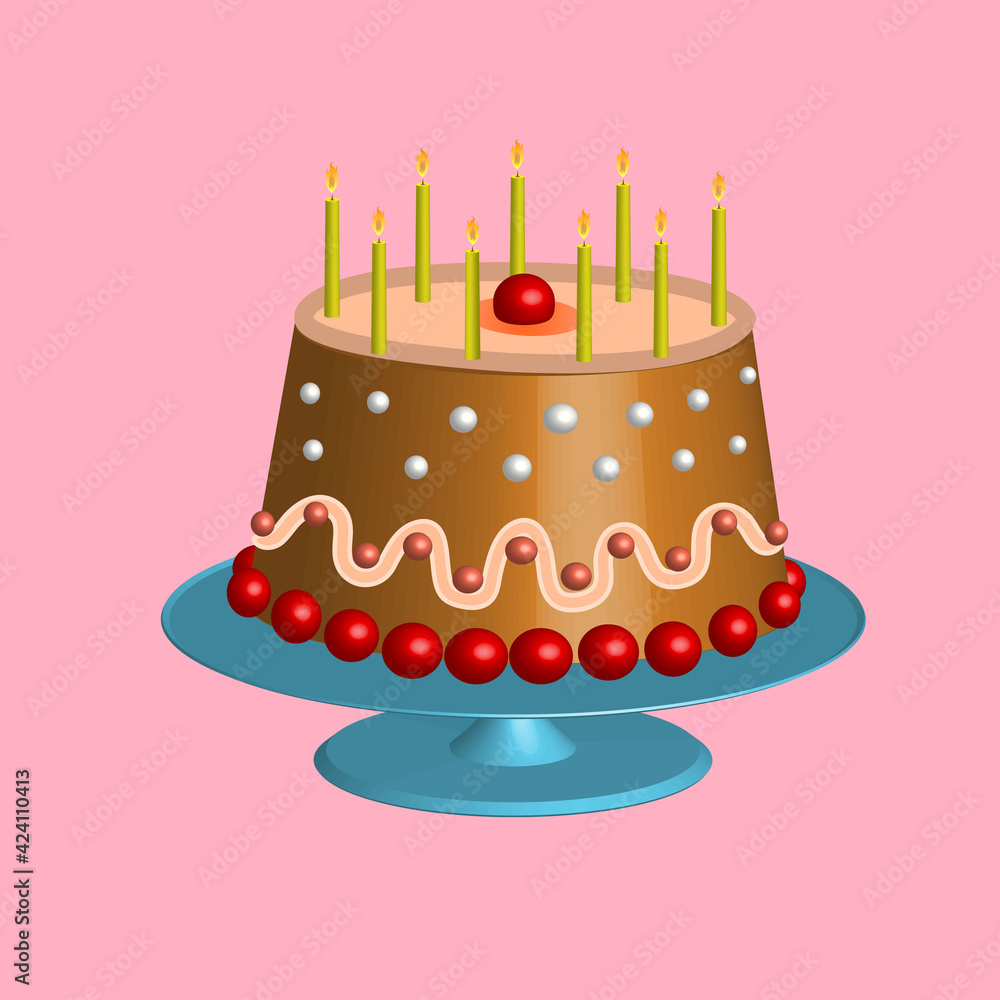 Beautiful cake with nine candles to celebrate the birthday. Vector illustration in a realistic style isolated on pink background. Beautiful cake with nine candles to celebrate the birthday. Vector illustration in a realistic style isolated on pink background.
