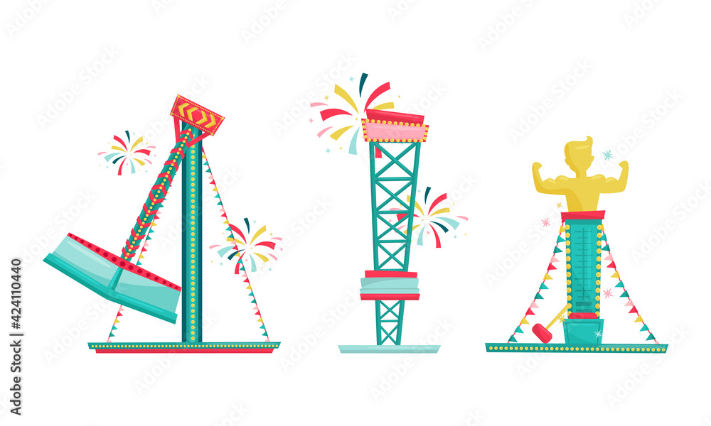 Amusement Park with Ride Attractions for Entertainment Vector Set Amusement Park with Ride Attractions for Entertainment Vector Set