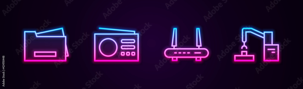Set line Printer, Radio, Router and wi-fi signal and Robotic robot arm hand factory. Glowing neon icon. Vector Set line Printer, Radio, Router and wi-fi signal and Robotic robot arm hand factory. Glowing neon icon. Vector