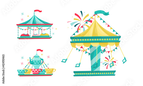 Amusement Park with Ride Attractions for Entertainment Vector Set