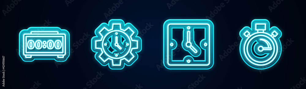 Set line Digital alarm clock, Time Management, Clock and Stopwatch. Glowing neon icon. Vector Set line Digital alarm clock, Time Management, Clock and Stopwatch. Glowing neon icon. Vector