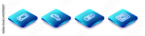 Set Isometric line Smartphone, Car, Remote control and Electrical outlet icon. Vector