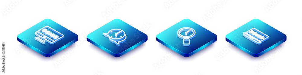 Set Isometric line Clock on monitor, speech bubble, Magnifying glass with clock and laptop icon. Vector Set Isometric line Clock on monitor, speech bubble, Magnifying glass with clock and laptop icon. Vector