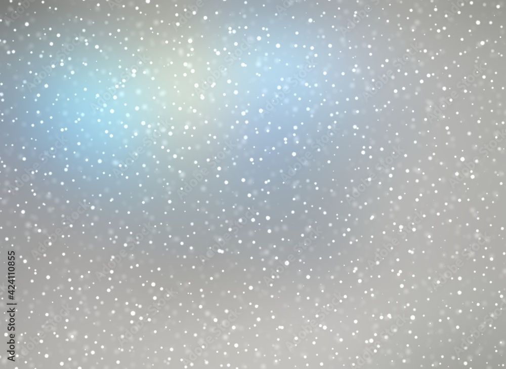 Blur snow on grey blue holographic background. Delicate iridescent texture abstract template.