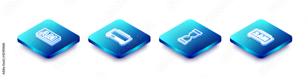 Set Isometric line Clock AM, Digital alarm clock, Old hourglass and icon. Vector Set Isometric line Clock AM, Digital alarm clock, Old hourglass and icon. Vector