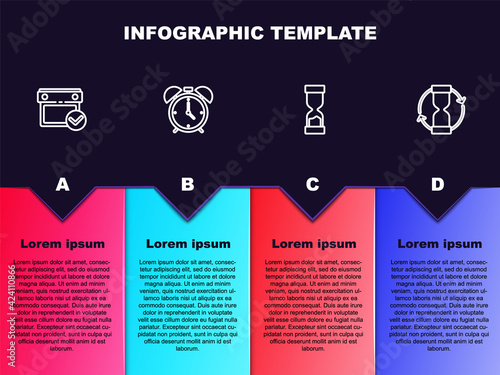 Set line Calendar with check mark, Alarm clock, Old hourglass and . Business infographic template. Vector