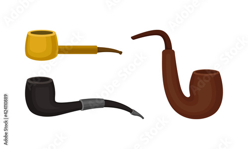 Smoking Pipes Made of Wood and Metal Vector Set