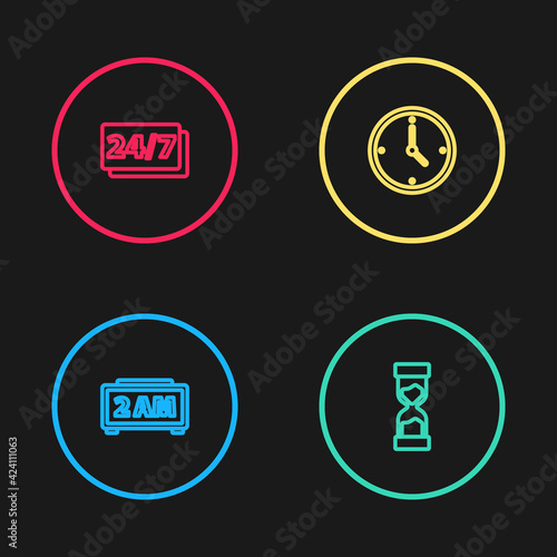 Set line Digital alarm clock, Old hourglass, Clock and 24 hours icon. Vector