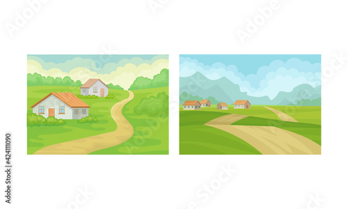Winding Country Road and Green Landscape Vector Set