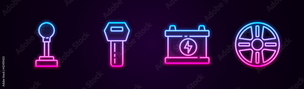 Set line Gear shifter, Car key with remote, battery and Alloy wheel. Glowing neon icon. Vector Set line Gear shifter, Car key with remote, battery and Alloy wheel. Glowing neon icon. Vector