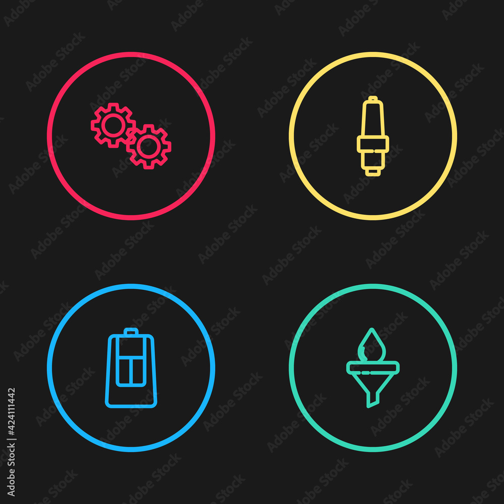 Set line Car key with remote, Funnel and oil drop, spark plug and Gear icon. Vector