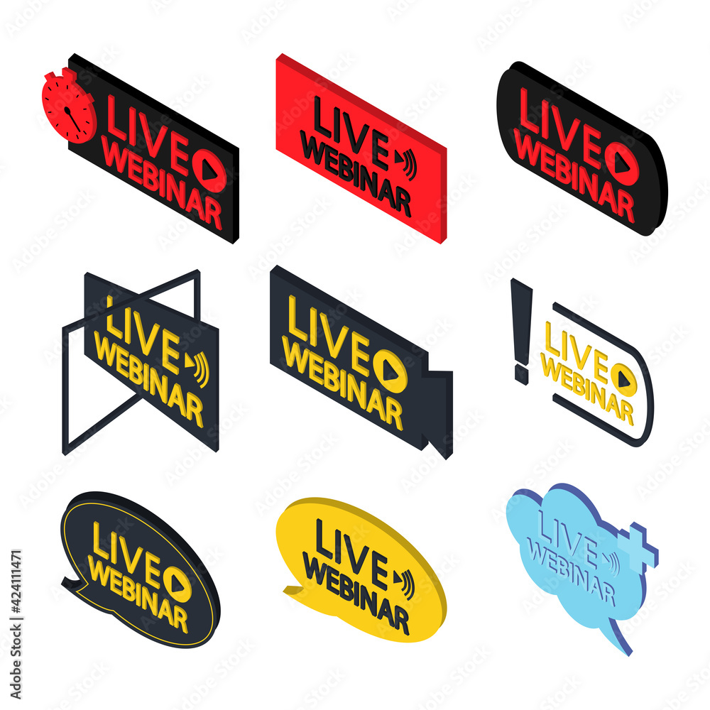 Live Webinar Buttons. Isometric template for online course, distance education, video lecture, internet group conference, training test. Set of live streaming, webinar, broadcasting icons