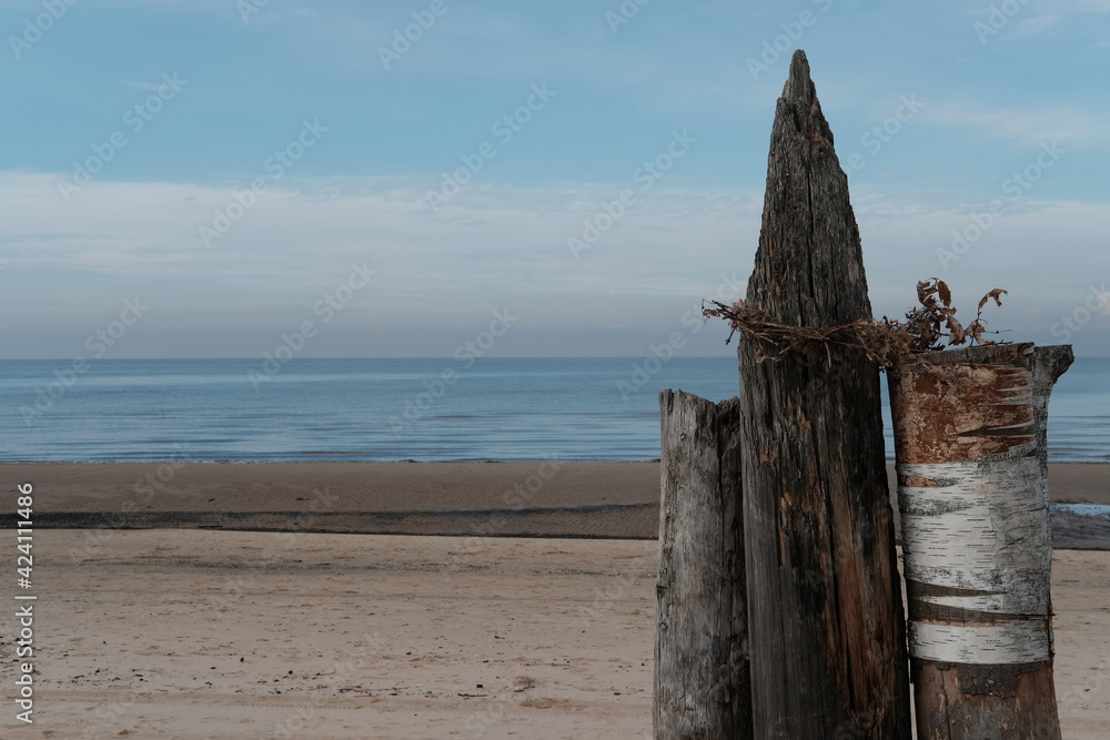 Wooden pillars against the background of the Baltic gulf