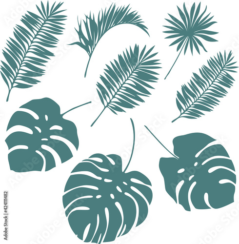Vector flat design set : dark blue silhouettes of big tropical leaves, Palm. Minimalism. Isolated on white elements for illustration, card, logo, invitation, flyer