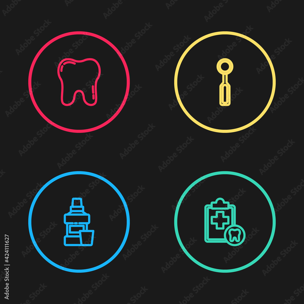 Set line Mouthwash bottle, Dental card, inspection mirror and Tooth icon. Vector Set line Mouthwash bottle, Dental card, inspection mirror and Tooth icon. Vector