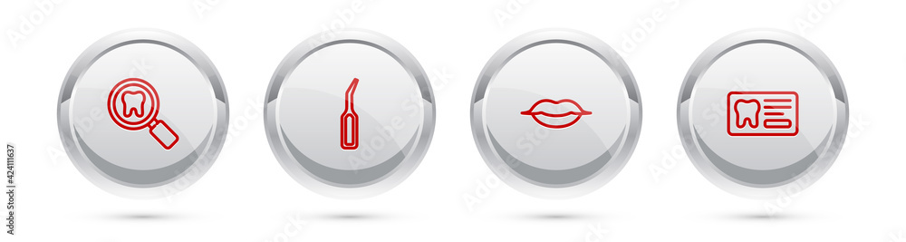 Set line Dental search, explorer scaler, Smiling lips and card. Silver circle button. Vector Set line Dental search, explorer scaler, Smiling lips and card. Silver circle button. Vector