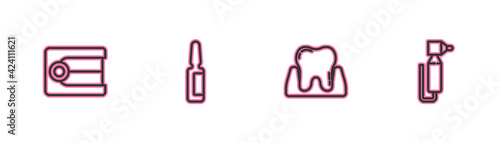 Set line Dentures model, Tooth, Painkiller tablet and drill icon. Vector