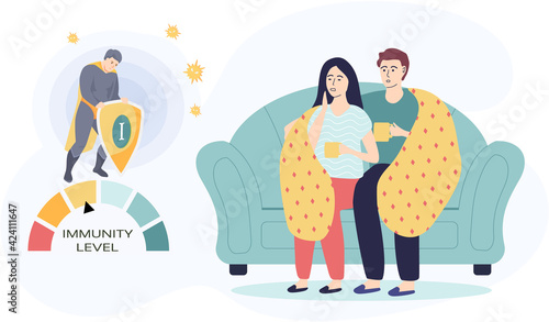 Couple on self-isolation. Man and girl in blanket drink tea. Immunity level decreases due to illness