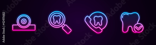 Set line Otolaryngological head reflector, Dental search, Online dental care and Tooth whitening concept. Glowing neon icon. Vector