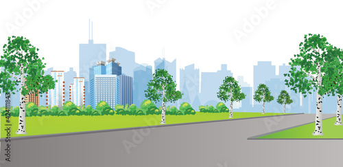 A vector illustration representing a park with birch trees in a modern city.