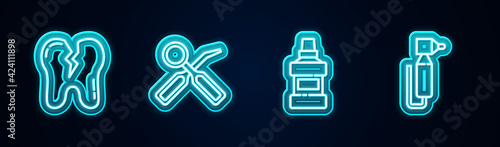 Set line Broken tooth  Dental inspection mirror  Mouthwash bottle and Tooth drill. Glowing neon icon. Vector