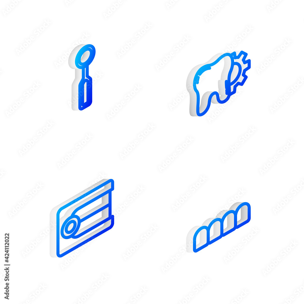 Set Isometric line Tooth treatment procedure, Dental inspection mirror, Dentures model and icon. Vector Set Isometric line Tooth treatment procedure, Dental inspection mirror, Dentures model and icon. Vector