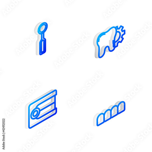 Set Isometric line Tooth treatment procedure, Dental inspection mirror, Dentures model and icon. Vector