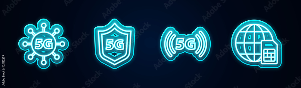 Set line 5G network, Protective shield, and Globe Sim Card. Glowing neon icon. Vector Set line 5G network, Protective shield, and Globe Sim Card. Glowing neon icon. Vector