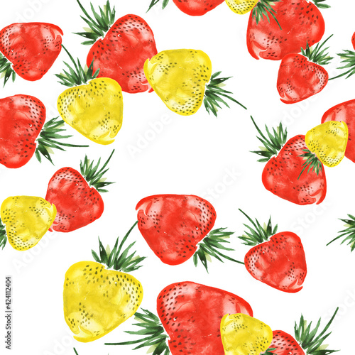 Fototapeta Naklejka Na Ścianę i Meble -  Watercolor strawberries. pattern of red,yellow strawberries watercolor. Seamless watercolor background, with a vintage pattern of red berries.Ornamental red,yellow berry pattern