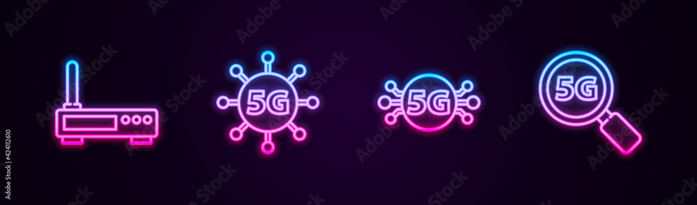 Set line Router and wi-fi signal, 5G network, and Search. Glowing neon icon. Vector Set line Router and wi-fi signal, 5G network, and Search. Glowing neon icon. Vector