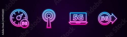 Set line Digital speed meter 5G, Antenna, Laptop with network and . Glowing neon icon. Vector