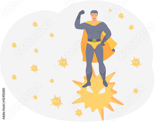 Hero demonstrates power of immunity. Man superhero in costume fights against virus and bacteria