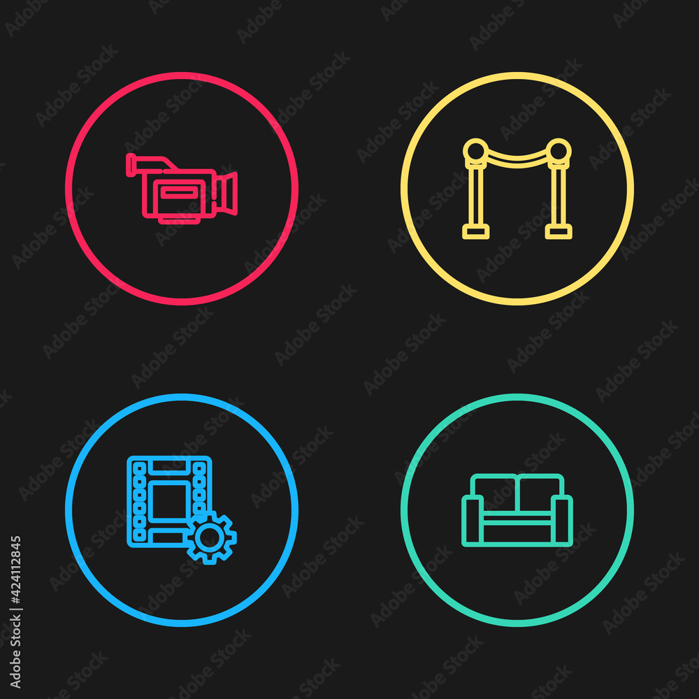 Set line Play Video, Cinema chair, Rope barrier and camera icon. Vector Set line Play Video, Cinema chair, Rope barrier and camera icon. Vector