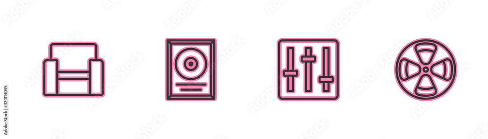 Set line Cinema chair, Sound mixer controller, CD disk award frame and Film reel icon. Vector Set line Cinema chair, Sound mixer controller, CD disk award frame and Film reel icon. Vector