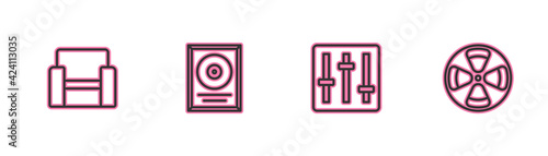 Set line Cinema chair, Sound mixer controller, CD disk award frame and Film reel icon. Vector