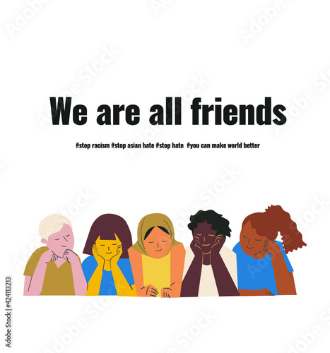 multi-ethnic boys and girls sitting together. Colored flat cartoon vector illustration isolated on white background