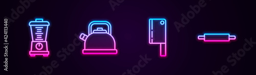 Set line Blender, Kettle with handle, Meat chopper and Rolling pin. Glowing neon icon. Vector