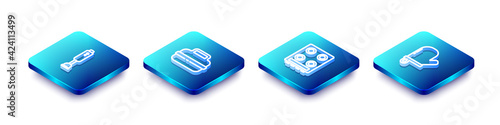 Set Isometric line Blender, Cooking pot, Gas stove and Oven glove icon. Vector